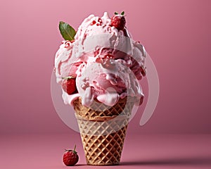 an ice cream cone with strawberries on a pink background