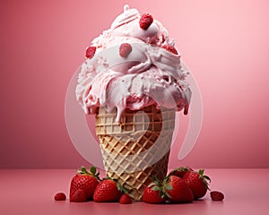 an ice cream cone with strawberries on a pink background