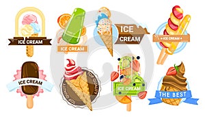 Ice cream cone, summer food, sweet dessert vanilla flavor, strawberry colorful set, design, in cartoon style vector