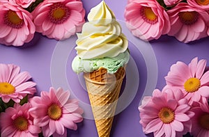 Ice cream cone surrounded by pink flowers on a purple background