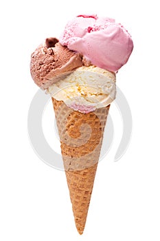 An ice cream cone with three different scoops of ice cream