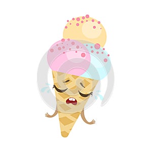 Ice-Cream Cone With Three Scoops Cute Anime Humanized Cartoon Food Character Emoji Vector Illustration