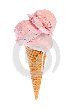 Ice cream: Ice cream cone with three scoops of strawberry ice cream isolated on white background