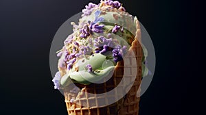 ice cream cone topped with unconventional and imaginative flavors, AI Generated