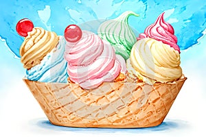 Ice cream cone cherry blueberry strawberry lime vanilla flavor dish photo