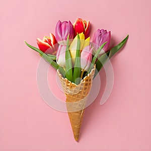 Ice cream cone with tulip flowers.