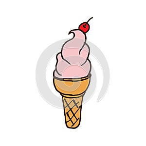 Ice cream cone vector illustration. strawberry flavor with cherry topping. gelato ice cream on white background. pink and brown co