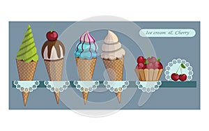 Ice cream cones, cherries, pattern napkins on shelf, blue grey background.