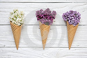 Ice cream cones with colorful lilac flowers over white wooden background. top view