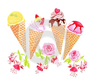 Ice-cream cones and flowers watercolor vector design object