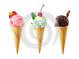 Ice cream cones isolated on a white background, strawberry, mint and dark chocolate