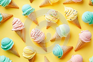 Ice cream in cones in pastel colors isolated on yellow background. Flat lay