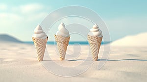 Ice cream cones in the sand next to the beach