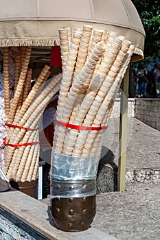 Ice cream cones. A stack of traditional Turkish ice cream cones at a street cafe in Istanbul. National Turkish street food.