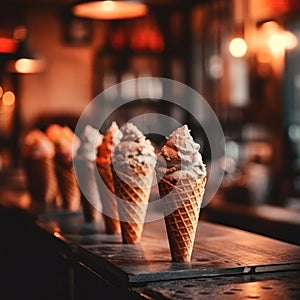 Ice Cream Cones On Stone In Rustic Pub. Generative AI