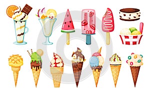 Ice cream cones. Strawberry popsicle, watermelon fruit ice, vanilla sundae, ice cream sandwich. Summer dessert with nuts