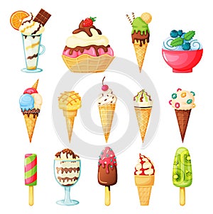 Ice cream cones topped with sprinkles, fruits, syrup, nuts. Tasty fruit ice, kiwi popsicle. Vanilla and chocolate sundae