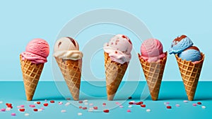 Ice cream cones in a variety of flavours. Generative AI