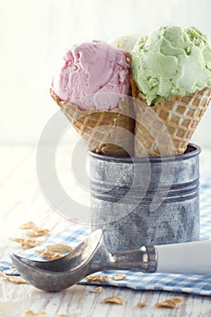 Ice cream cones on wooden rustic background