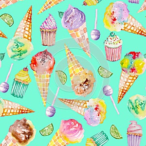 Ice cream and confection pattern on a turquoise background