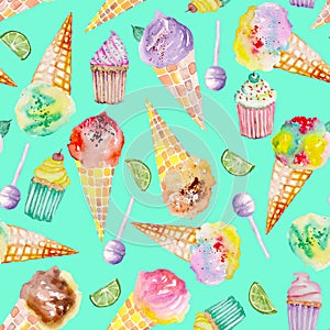 Ice cream and confection pattern on a turquoise background photo