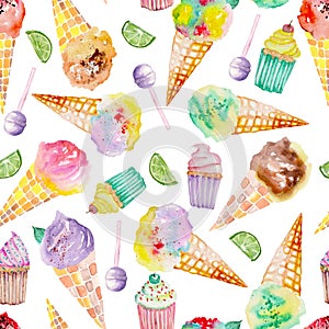 Ice cream and confection pattern on a white background