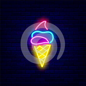 Ice cream corn neon icon. Sweet shop emblem. Summer signboard. Sweet food concept. Editable stroke. Vector illustration