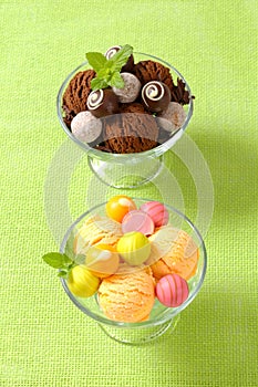 Ice cream coupes with chocolate truffles and fruit-flavored pralines