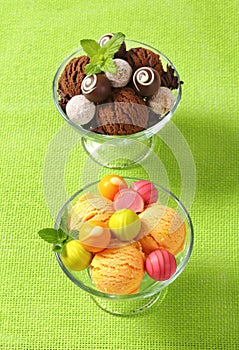 Ice cream coupes with chocolate truffles and pralines