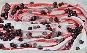 Ice cream with cranberries and cherries, background texture close-up