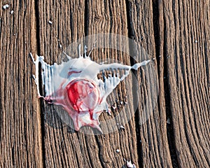 Ice cream cup splattered against the wooden planks