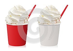 Ice cream cup with whipped cream isolated on white background. Vanilla icecream in blank bucket. photo