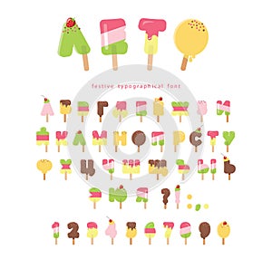 Ice cream cyrillic font. Popsicle cartoon letters and numbers can be used for summer design. Isolated on white