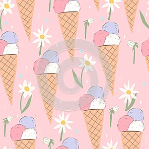 Ice cream and daisy seamless pattern. Cute background wallpaper.