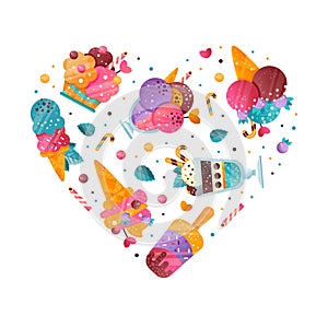 Ice-cream Design with Frozen Confection and Sweet Dessert Vector Heart Shaped Composition
