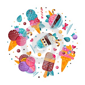 Ice-cream Design with Frozen Confection and Sweet Dessert Vector Round Composition