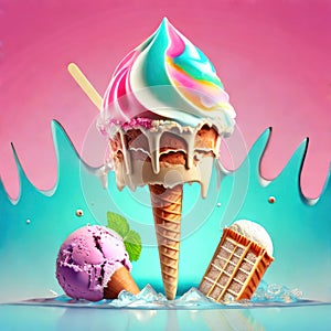 Ice cream dessert on a brright colorful background photo