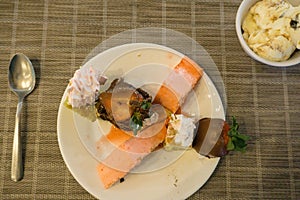 Ice cream dessert with cake in restaurant photo