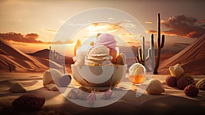 Ice cream desserts set against a stunning desert sunset. Generative ai