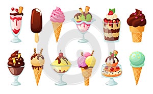 Ice cream desserts. Sundae topped with syrup, sweet sprinkles, berries and fruits. Tasty cold dessert in glass cartoon