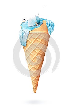 Ice cream dripping in the form of a glacier isolated on white background.