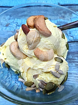 Ice-cream durian homemade with Cashew nuts and sunflower seeds and pumpkin seeds sweetless and healthy menu .