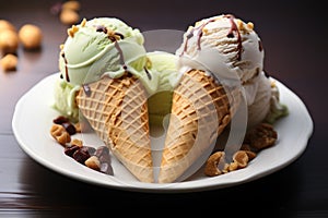 Ice cream elegance Two cones brimming with delectable nut flavor