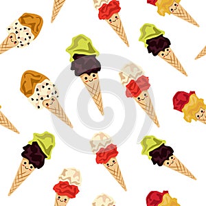 Ice cream. Endless background. Stylized image with smiles. Vector