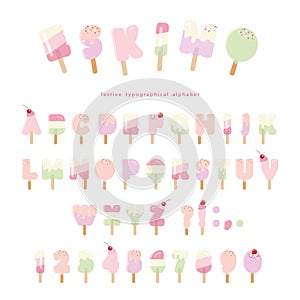 Ice cream eskimo font. Popsicle colorful letters and numbers can be used for summer design. Isolated on white.