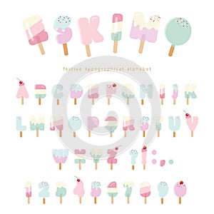 Ice cream eskimo font. Popsicle colorful letters and numbers for summer design. Pastel pink and blue colors. Isolated on