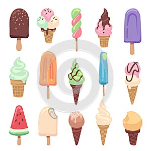 Ice cream flat. Cute kids frozen creamy desserts and sundae. Waffles cones vanilla, ice lolly scoops cake. Colorful