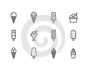 Ice cream flat line icons set. Waffle cone, ice lolly, frozen juice, popsicle, sorbet in bowl vector illustrations. Thin