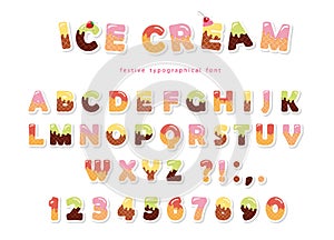 Ice cream font. Cute wafer letters and numbers can be used for birthday card, baby shower, Valentines day, sweets shop