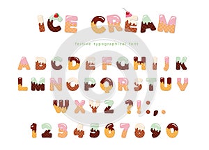 Ice cream font. Cute wafer letters and numbers can be used for birthday card, baby shower, Valentines day, sweets shop